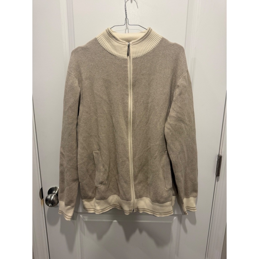 International Waters Mens Full Zip Sweater 100% Cotton Tan Large